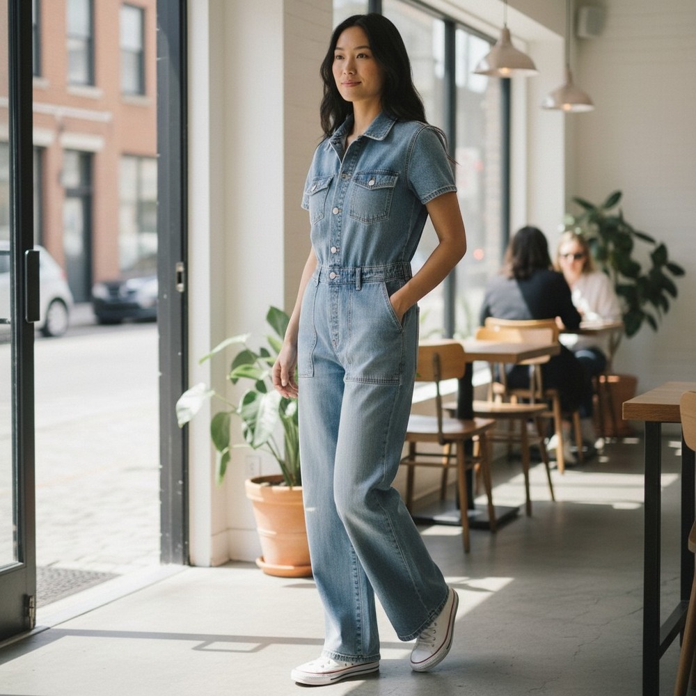 Good American Fit For Success Denim Jumpsuit Women Small Light Wash Short Sleeve